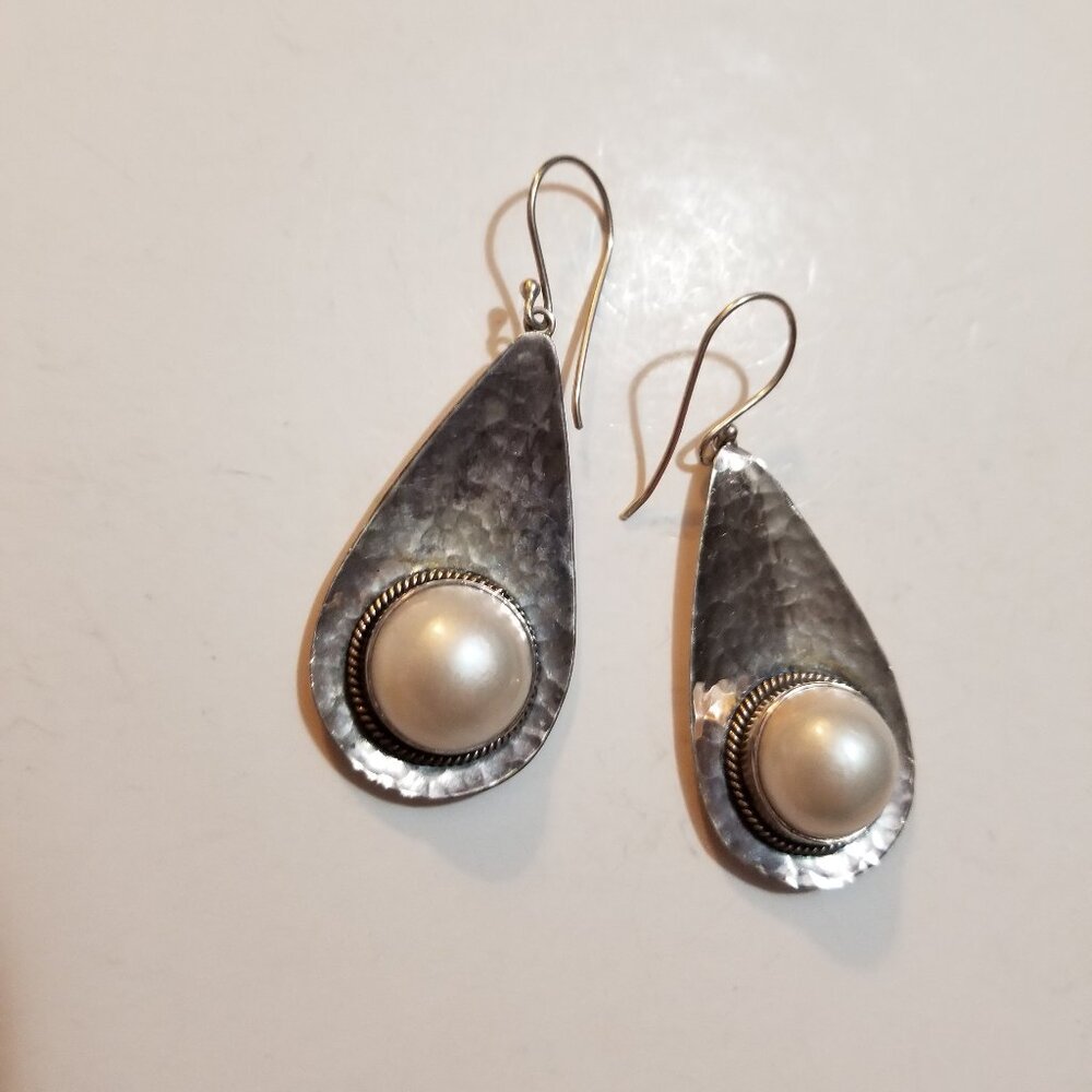 Vintage Hammered Silver 925 Pearl Drop Earring Pair